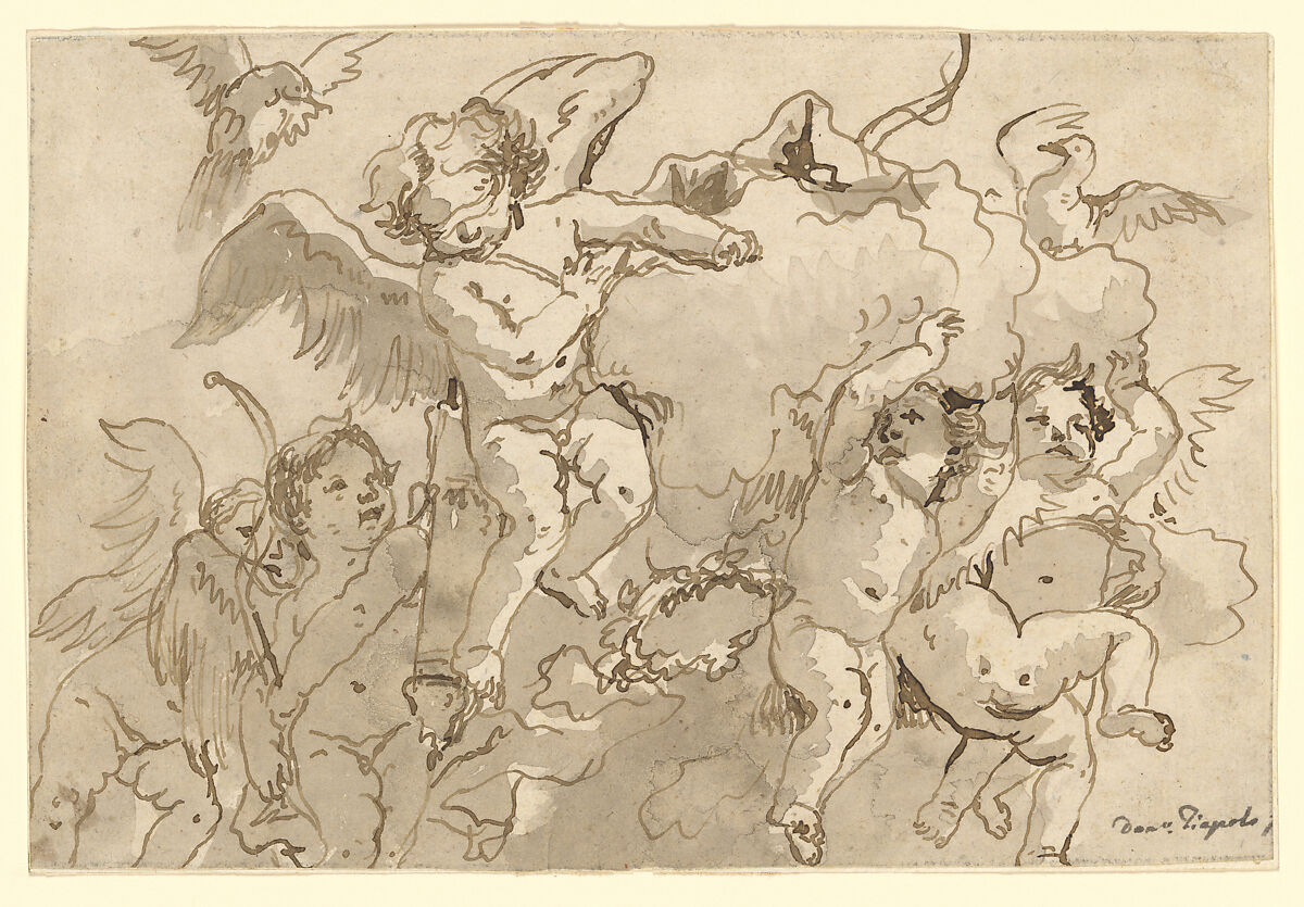 Cupid Blindfolded in the Clouds, with Five Attendant Putti, Giovanni Domenico Tiepolo (Italian, Venice 1727–1804 Venice), Pen and brown ink, grayish brown wash 