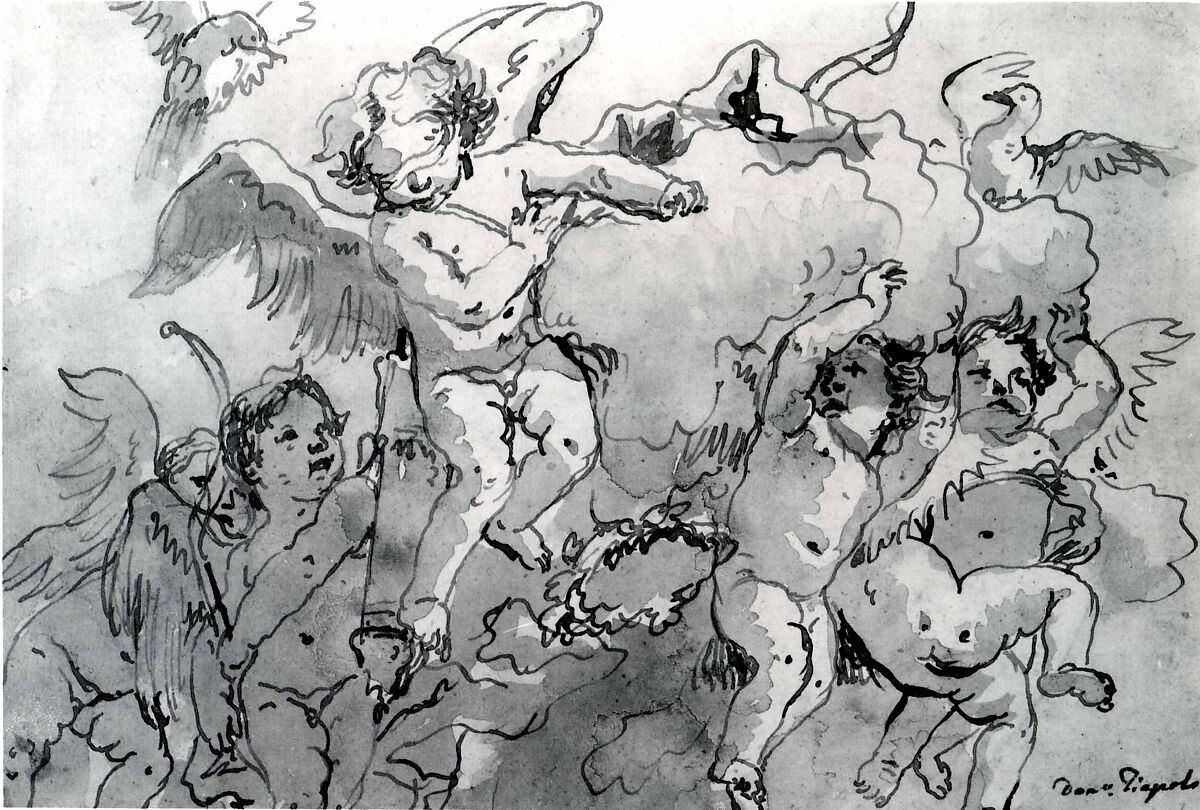 Cupid Blindfolded in the Clouds, with Five Attendant Putti, Giovanni Domenico Tiepolo (Italian, Venice 1727–1804 Venice), Pen and brown ink, grayish brown wash