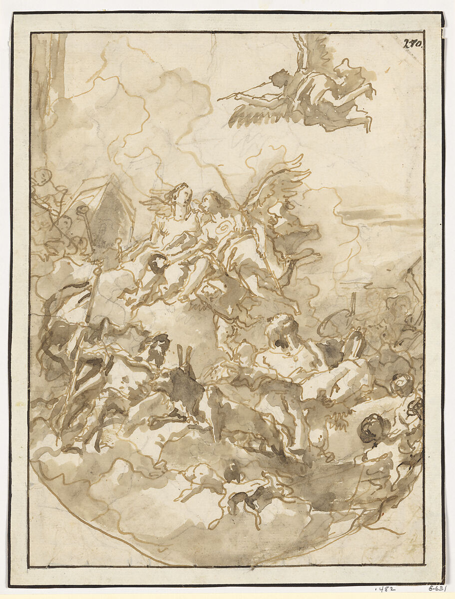Sketch for a Ceiling with an Allegory of Fortitude and Wisdom, Giovanni Domenico Tiepolo (Italian, Venice 1727–1804 Venice), Pen and brown ink, brown wash, over black chalk 