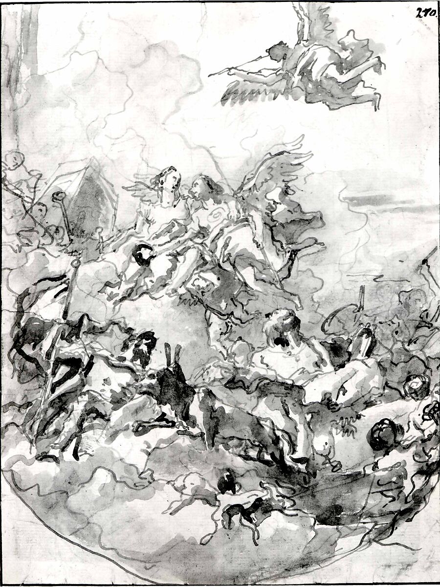 Sketch for a Ceiling with an Allegory of Fortitude and Wisdom, Giovanni Domenico Tiepolo (Italian, Venice 1727–1804 Venice), Pen and brown ink, brown wash, over black chalk