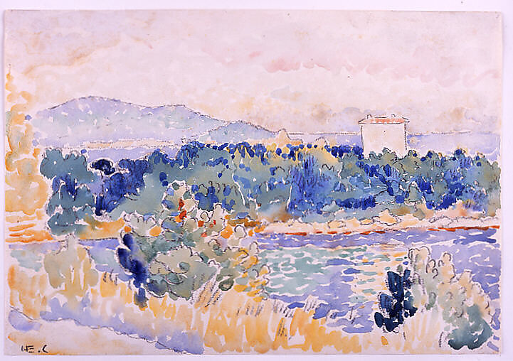 Mediterranean Landscape with a White House, Henri-Edmond Cross (Henri-Edmond Delacroix) (French, Douai 1856–1910 Saint-Clair), Watercolor over graphite on heavy wove paper