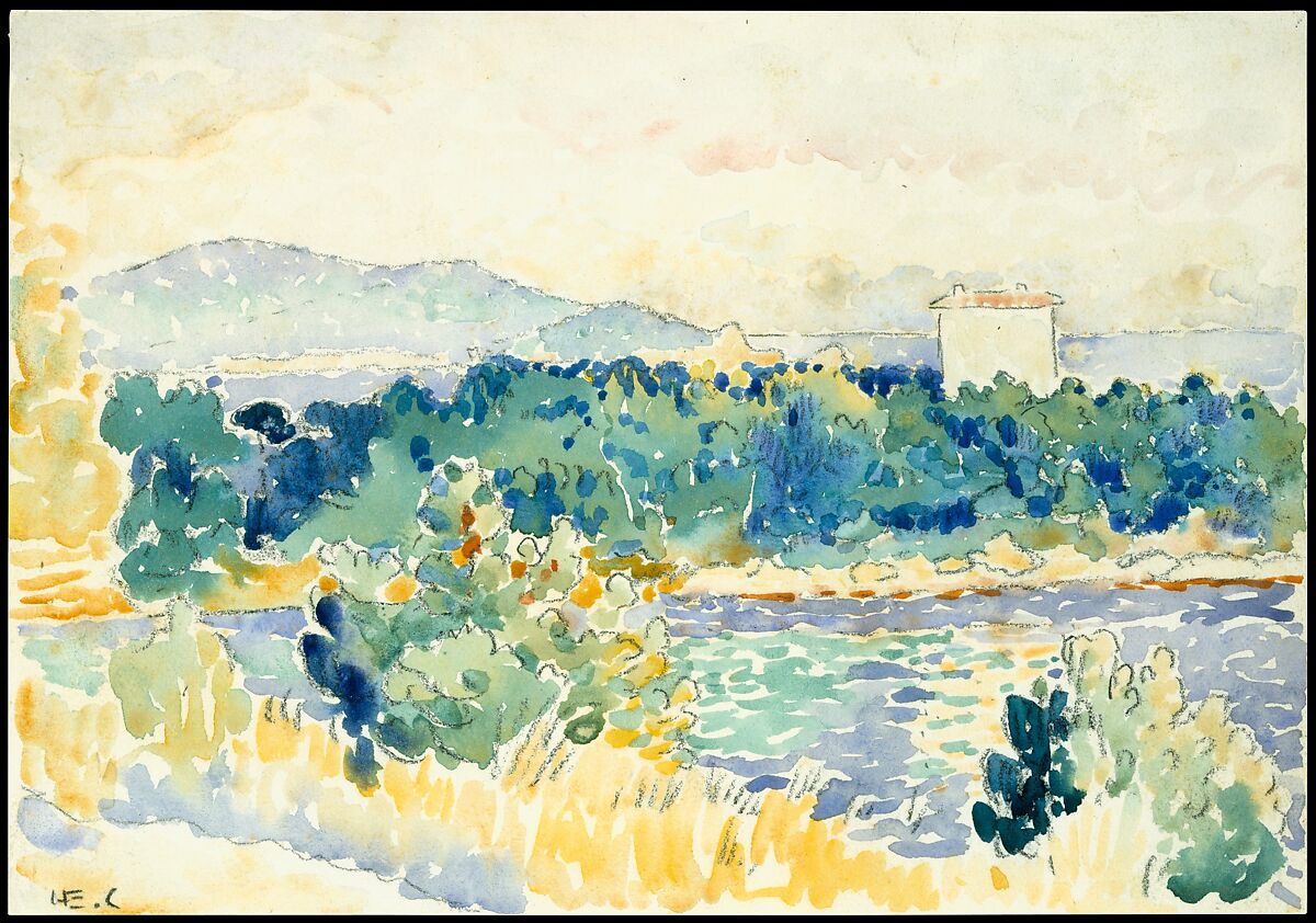 Mediterranean Landscape with a White House, Henri-Edmond Cross (Henri-Edmond Delacroix) (French, Douai 1856–1910 Saint-Clair), Watercolor over graphite on heavy wove paper 