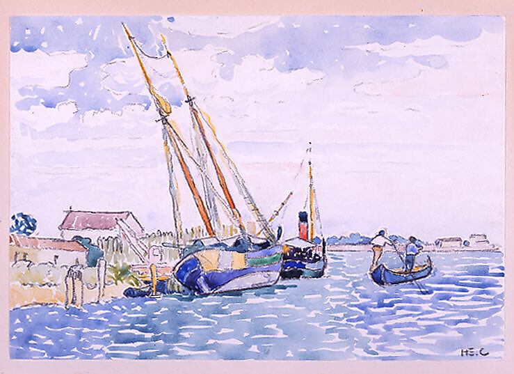Marine Scene (Boats near Venice), Henri-Edmond Cross (Henri-Edmond Delacroix) (French, Douai 1856–1910 Saint-Clair), Watercolor over graphite on white wove paper dry-mounted on heavy wove card