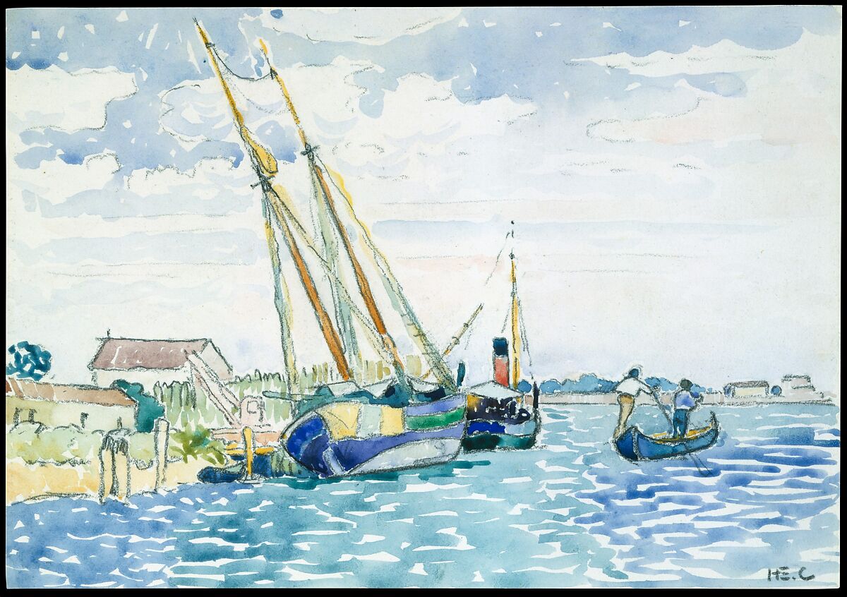 Marine Scene (Boats near Venice), Henri-Edmond Cross (Henri-Edmond Delacroix) (French, Douai 1856–1910 Saint-Clair), Watercolor over graphite on white wove paper dry-mounted on heavy wove card 