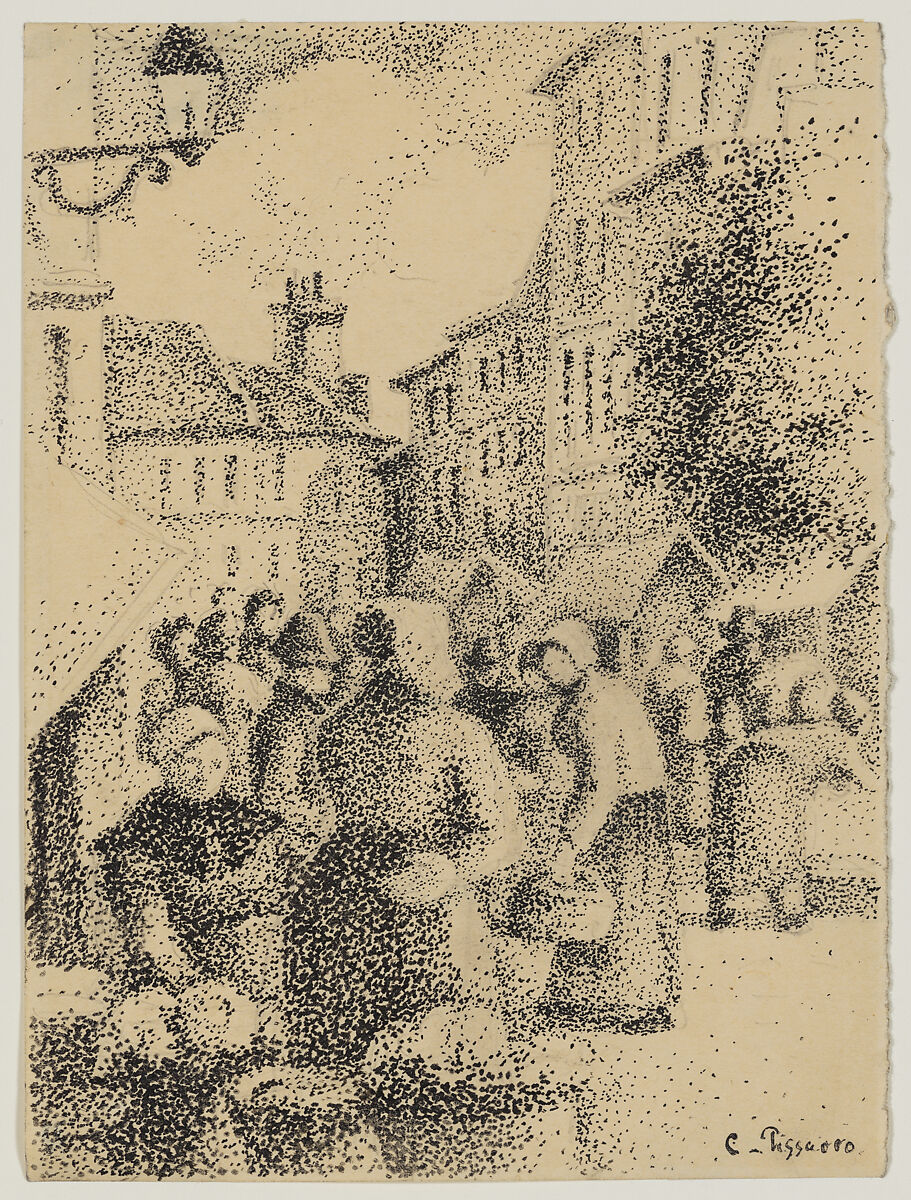 Marketplace in Pontoise, Camille Pissarro (French, Charlotte Amalie, Saint Thomas 1830–1903 Paris), Graphite, pen and black-gummed ink on buff wove paper (glossy on verso); right margin torn from notebook 
