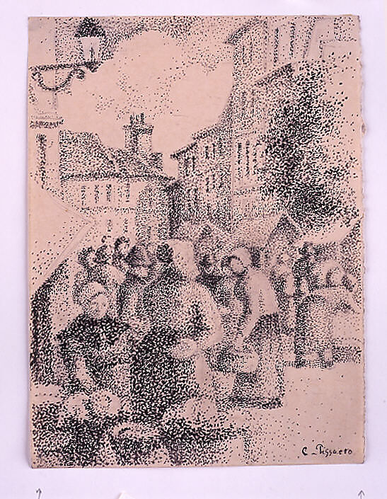 Marketplace in Pontoise, Camille Pissarro (French, Charlotte Amalie, Saint Thomas 1830–1903 Paris), Graphite, pen and black-gummed ink on buff wove paper (glossy on verso); right margin torn from notebook 
