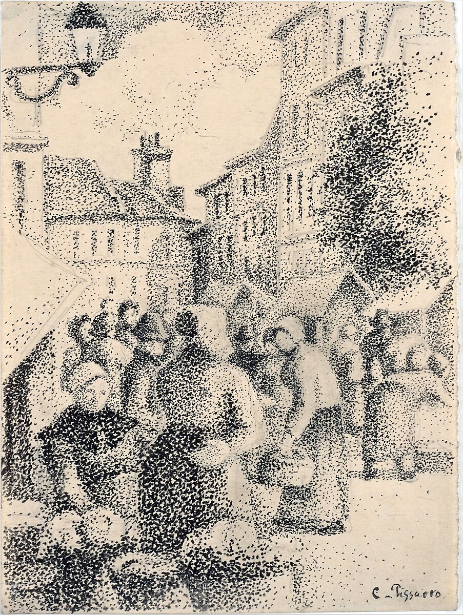 Marketplace in Pontoise, Camille Pissarro (French, Charlotte Amalie, Saint Thomas 1830–1903 Paris), Graphite, pen and black-gummed ink on buff wove paper (glossy on verso); right margin torn from notebook