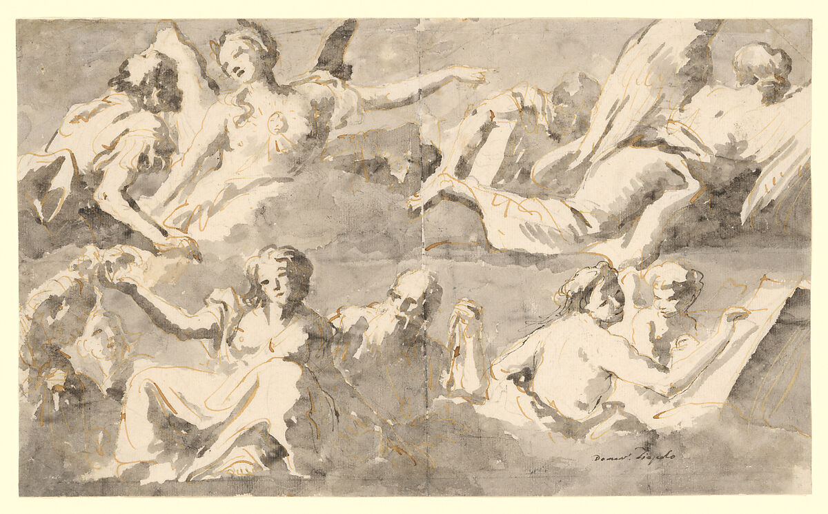 Frieze of Allegorical Figures, Giovanni Domenico Tiepolo (Italian, Venice 1727–1804 Venice), Pen and light brown ink, brush and gray wash over black chalk, partly strengthened with a fine pen and dark brown ink 