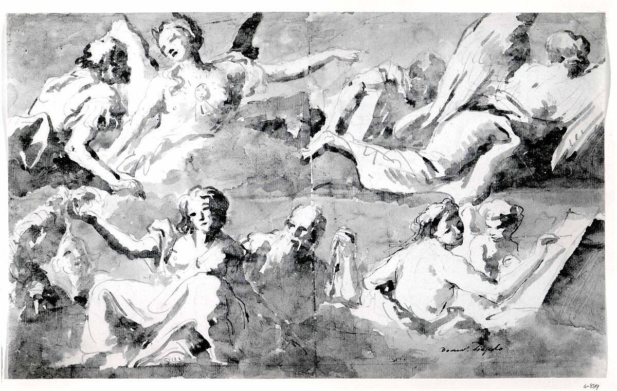 Frieze of Allegorical Figures, Giovanni Domenico Tiepolo (Italian, Venice 1727–1804 Venice), Pen and light brown ink, brush and gray wash over black chalk, partly strengthened with a fine pen and dark brown ink