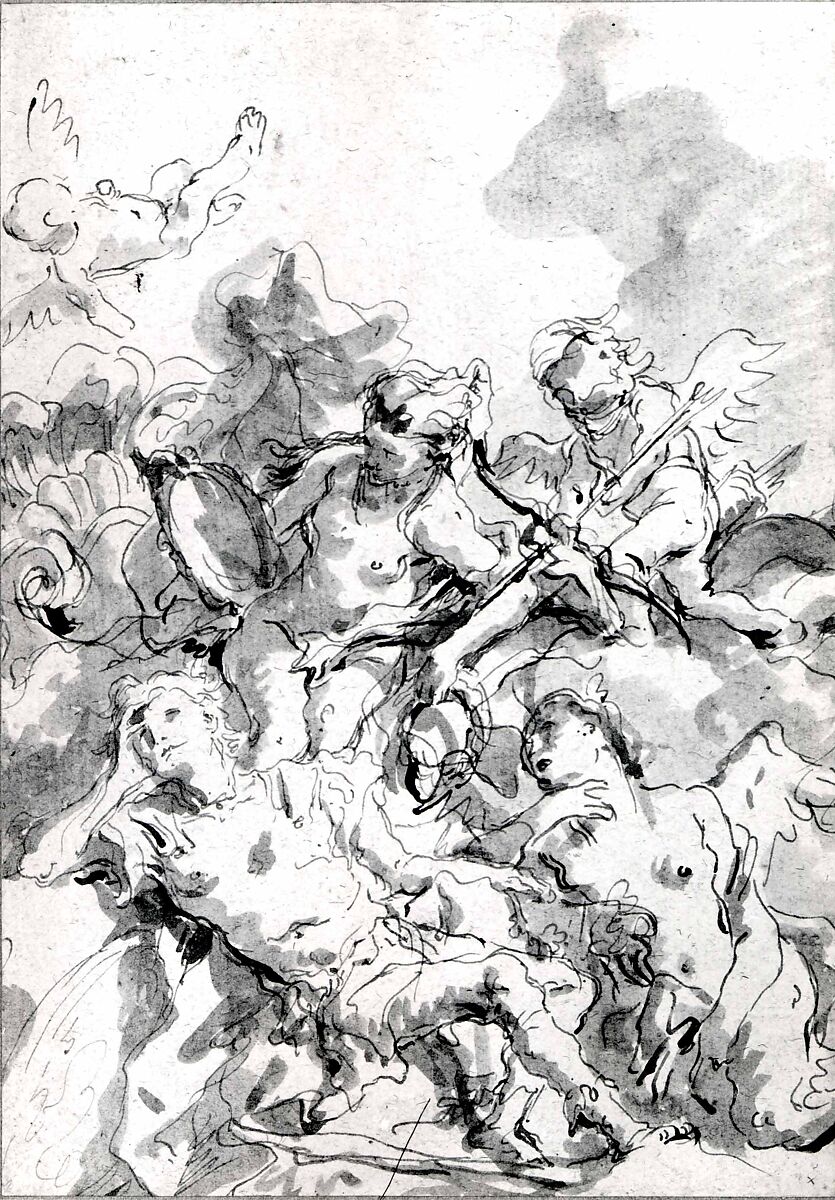 Rinaldo Enchanted by Armida, Giovanni Domenico Tiepolo (Italian, Venice 1727–1804 Venice), Pen and gray ink, gray wash