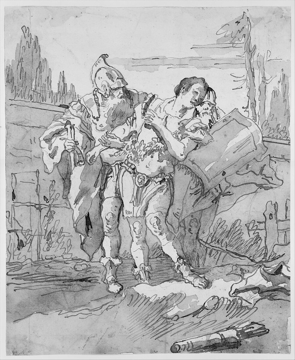 Rinaldo Persuaded by Ubaldo and Guelfo to Abandon Armida, Giovanni Domenico Tiepolo (Italian, Venice 1727–1804 Venice), Pen and brown ink, brown wash, over black chalk