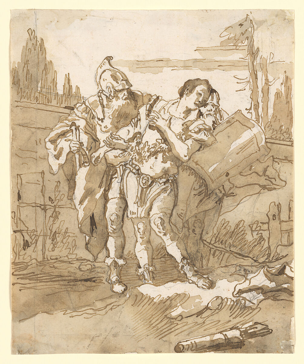Rinaldo Persuaded by Ubaldo and Guelfo to Abandon Armida, Giovanni Domenico Tiepolo  Italian, Pen and brown ink, brown wash, over black chalk