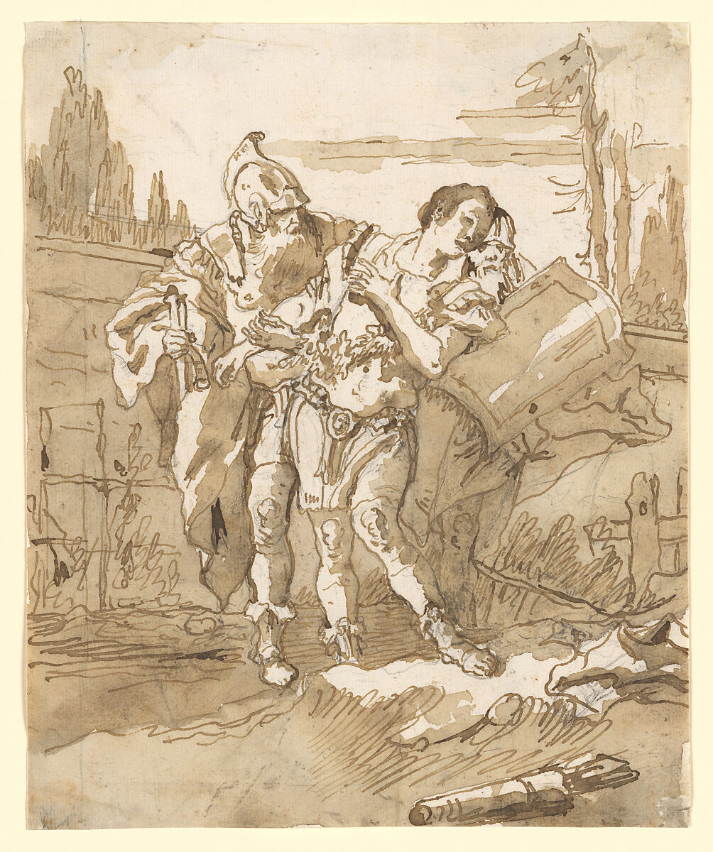 Rinaldo Persuaded by Ubaldo and Guelfo to Abandon Armida, Giovanni Domenico Tiepolo (Italian, Venice 1727–1804 Venice), Pen and brown ink, brown wash, over black chalk 