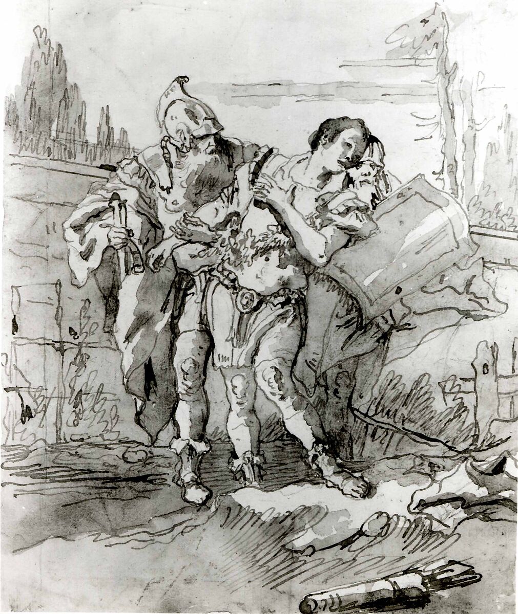 Rinaldo Persuaded by Ubaldo and Guelfo to Abandon Armida, Giovanni Domenico Tiepolo (Italian, Venice 1727–1804 Venice), Pen and brown ink, brown wash, over black chalk