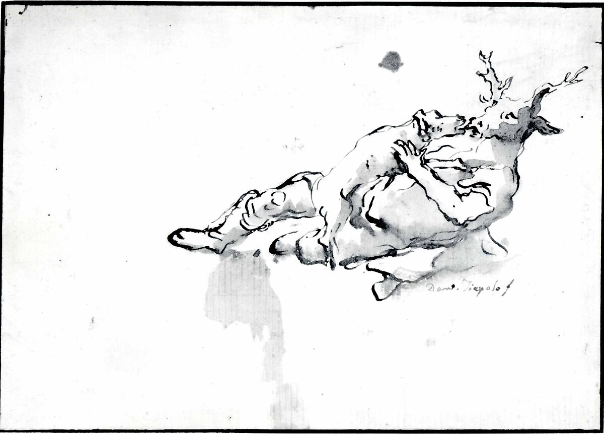Actaeon, Changed into a Stag, Attacked by One of His Own Hounds, Giovanni Domenico Tiepolo (Italian, Venice 1727–1804 Venice), Pen and brown ink, brown wash