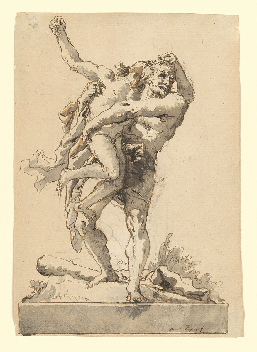 Hercules and Antaeus (with a Base Below), Giovanni Domenico Tiepolo (Italian, Venice 1727–1804 Venice), Pen and brown ink, gray wash , over black chalk 