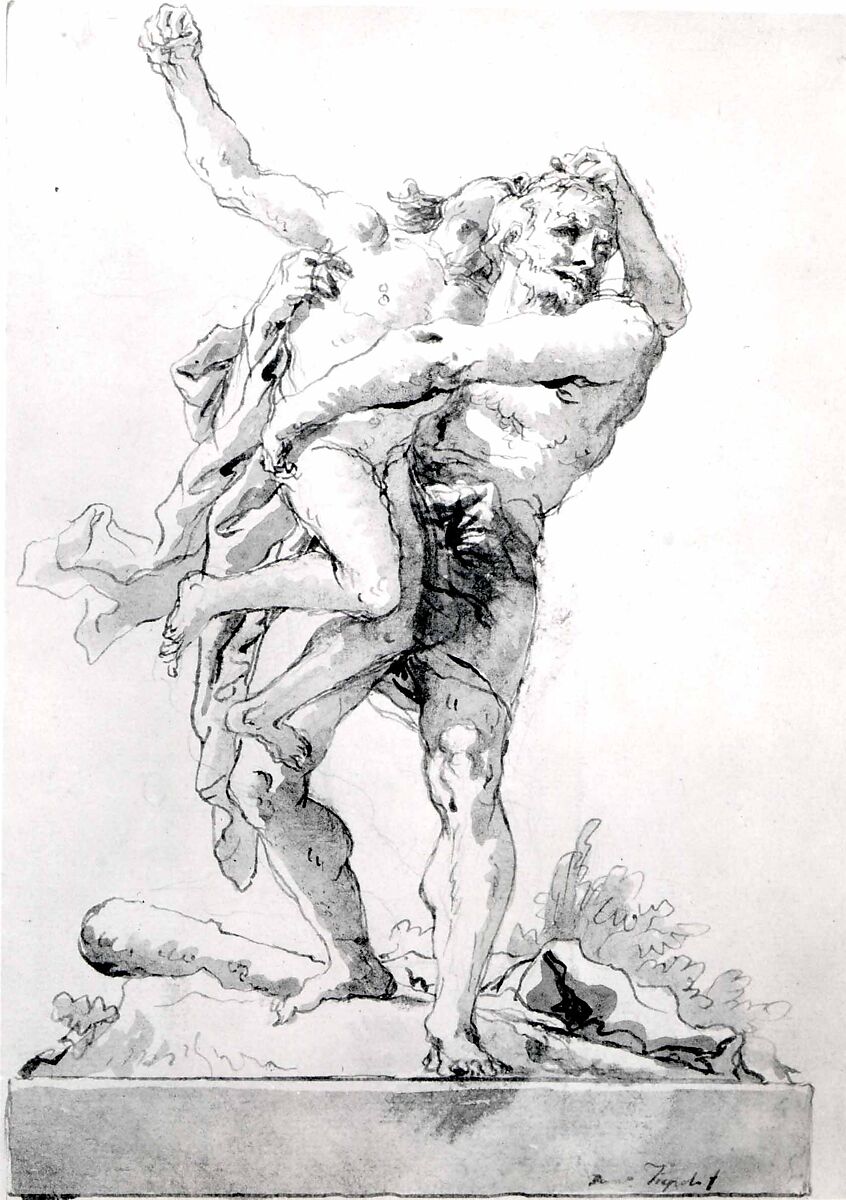 Hercules and Antaeus (with a Base Below), Giovanni Domenico Tiepolo (Italian, Venice 1727–1804 Venice), Pen and brown ink, gray wash , over black chalk