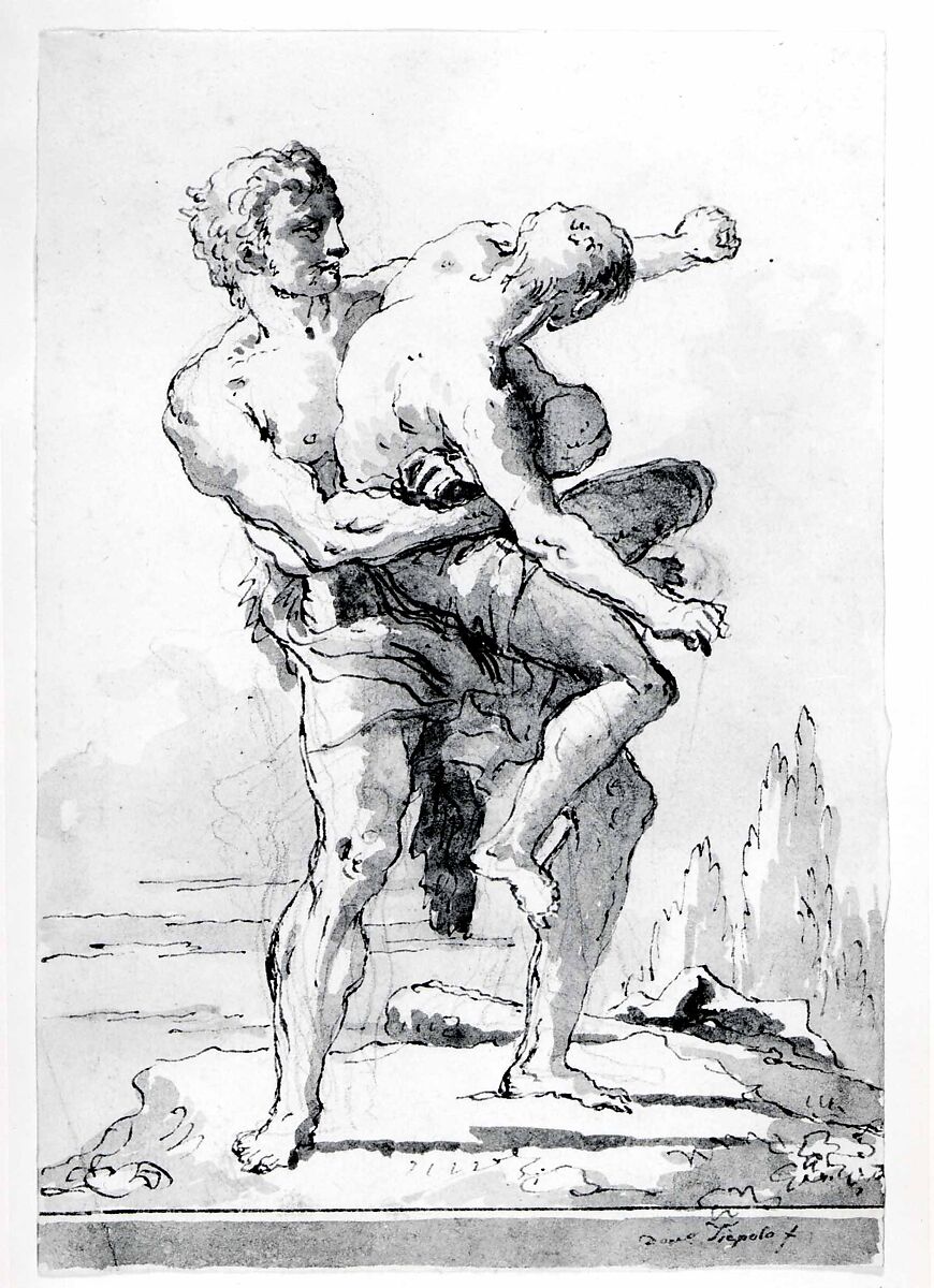 Hercules and Antaeus (with a ledge Below), Giovanni Domenico Tiepolo (Italian, Venice 1727–1804 Venice), Pen and brown ink, gray wash, over black chalk