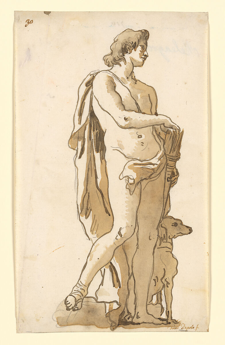 Meleager, Turning to the Right, Giovanni Domenico Tiepolo (Italian, Venice 1727–1804 Venice), Pen and brown ink, gray wash, over black chalk 