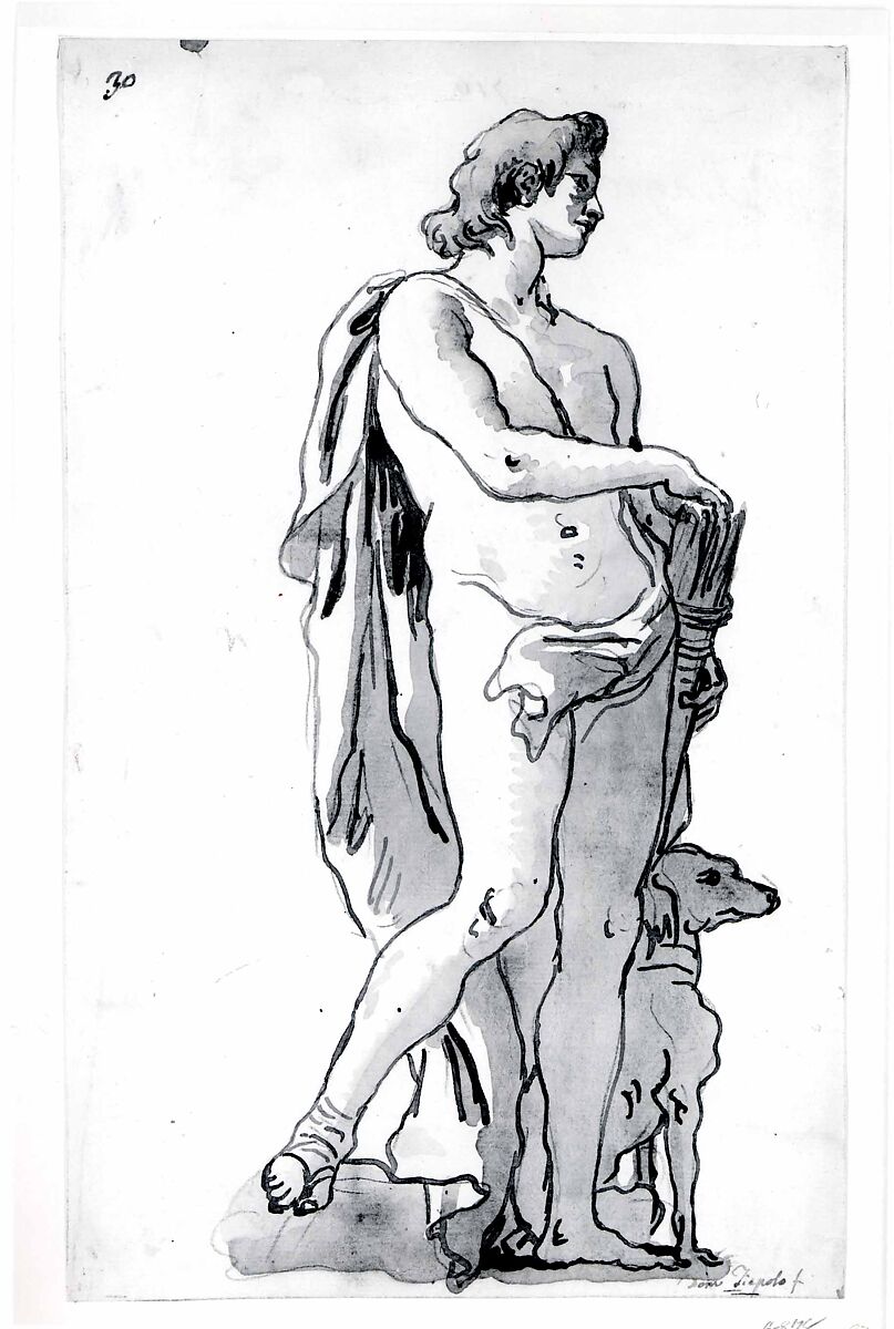 Meleager, Turning to the Right, Giovanni Domenico Tiepolo (Italian, Venice 1727–1804 Venice), Pen and brown ink, gray wash, over black chalk