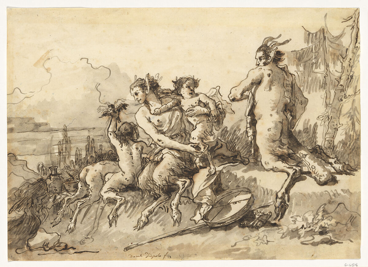 Satyr Family in a Wild Landscape, Giovanni Domenico Tiepolo (Italian, Venice 1727–1804 Venice), Pen and dark brown ink, over pen and lighter ink, with gray wash 