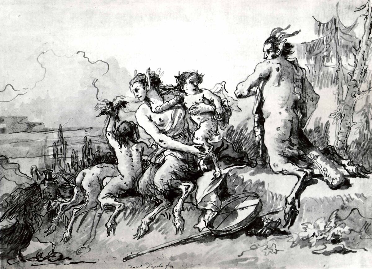 Satyr Family in a Wild Landscape, Giovanni Domenico Tiepolo (Italian, Venice 1727–1804 Venice), Pen and dark brown ink, over pen and lighter ink, with gray wash