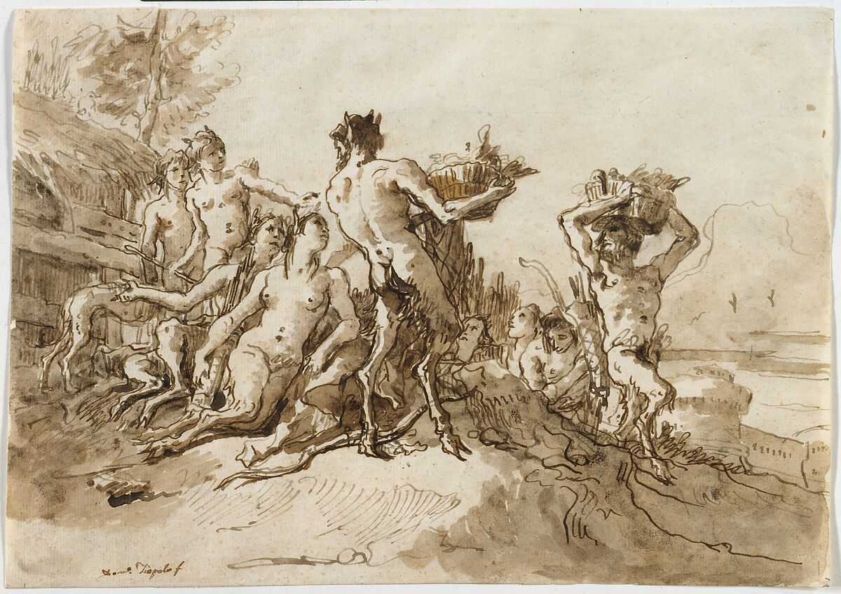 Satyrs Carrying Baskets of Provision for Their Families, Giovanni Domenico Tiepolo (Italian, Venice 1727–1804 Venice), Pen and brown and gray-brown ink, gray-brown wash 