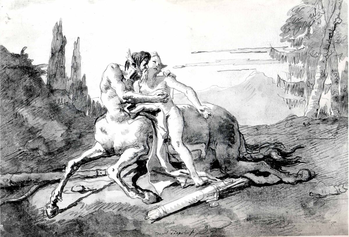 Centaur Embracing Nymph in a Wild Landscape, Giovanni Domenico Tiepolo (Italian, Venice 1727–1804 Venice), Pen and brown and dark brown ink, gray-brown wash