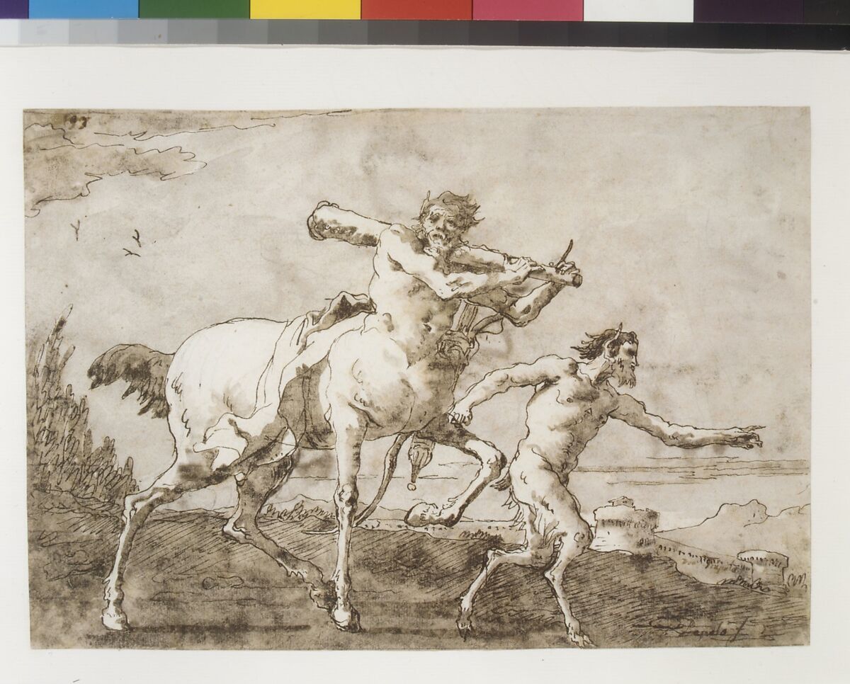 Satyr Leading a Centaur, Who Carries a Club, Bow and Quiver, Outside the Walls of a City, Giovanni Domenico Tiepolo (Italian, Venice 1727–1804 Venice), Pen and brown ink, brown-gray wash, over traces of black chalk