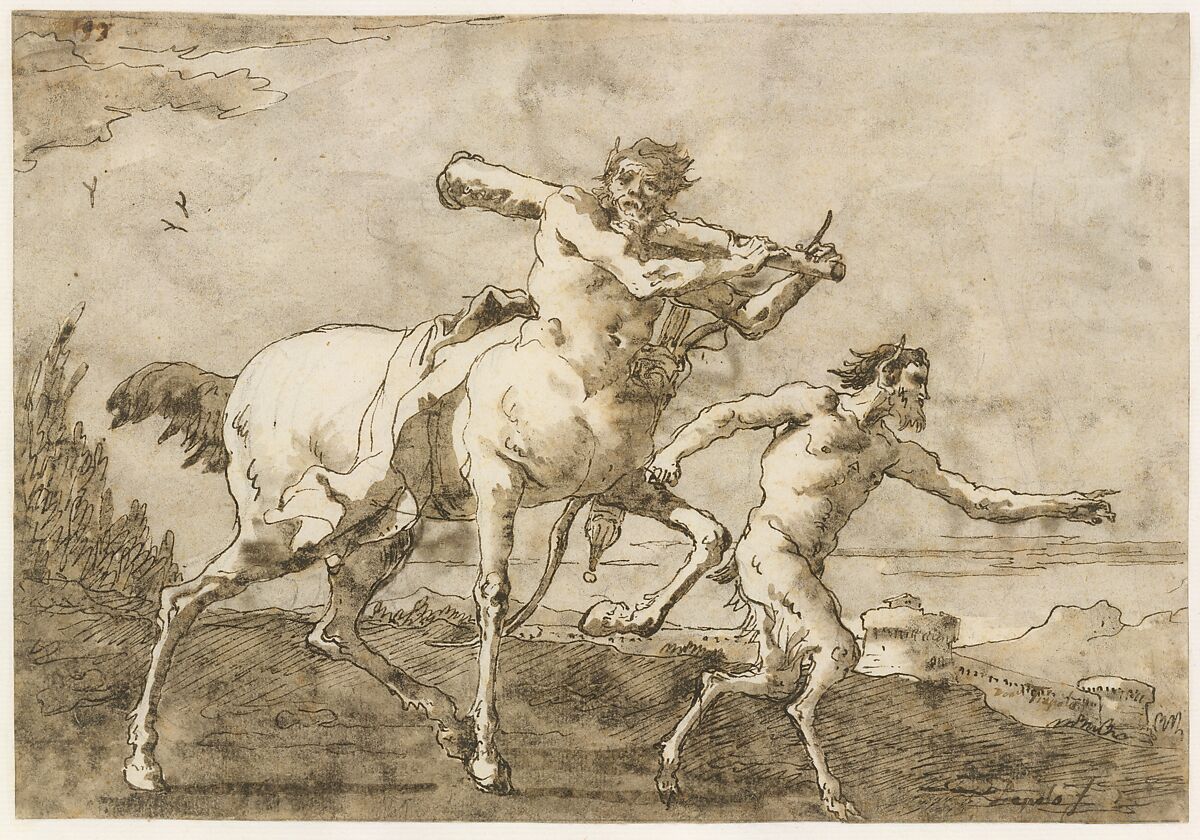 Satyr Leading a Centaur, Who Carries a Club, Bow and Quiver, Outside the Walls of a City, Giovanni Domenico Tiepolo (Italian, Venice 1727–1804 Venice), Pen and brown ink, brown-gray wash, over traces of black chalk 