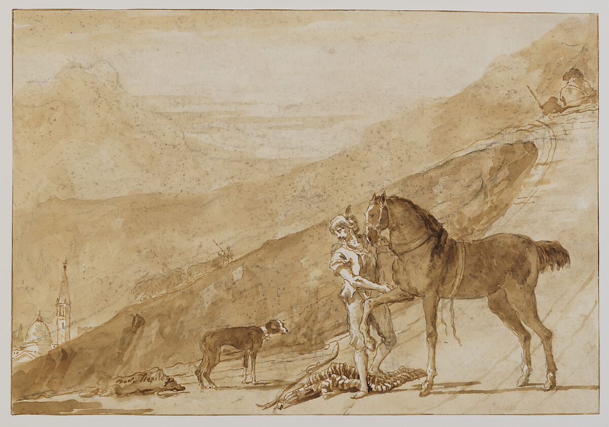 Landscape with a Horse Held by a Page, Giovanni Domenico Tiepolo (Italian, Venice 1727–1804 Venice), Pen and brown ink, brown wash, over black chalk; preliminary drawing on paper. 