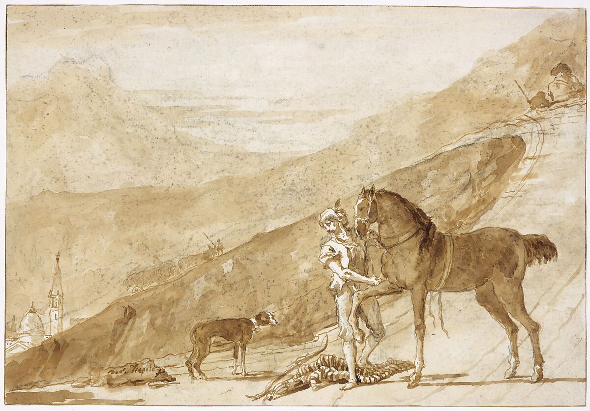 Landscape with a Horse Held by a Page, Giovanni Domenico Tiepolo (Italian, Venice 1727–1804 Venice), Pen and brown ink, brown wash, over black chalk; preliminary drawing on paper.