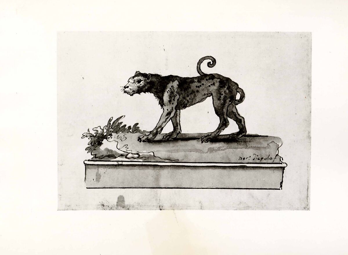 A Leopard, Moving to the Left (on a Base), Giovanni Domenico Tiepolo (Italian, Venice 1727–1804 Venice), Pen and brown ink, brown wash, over traces of black chalk