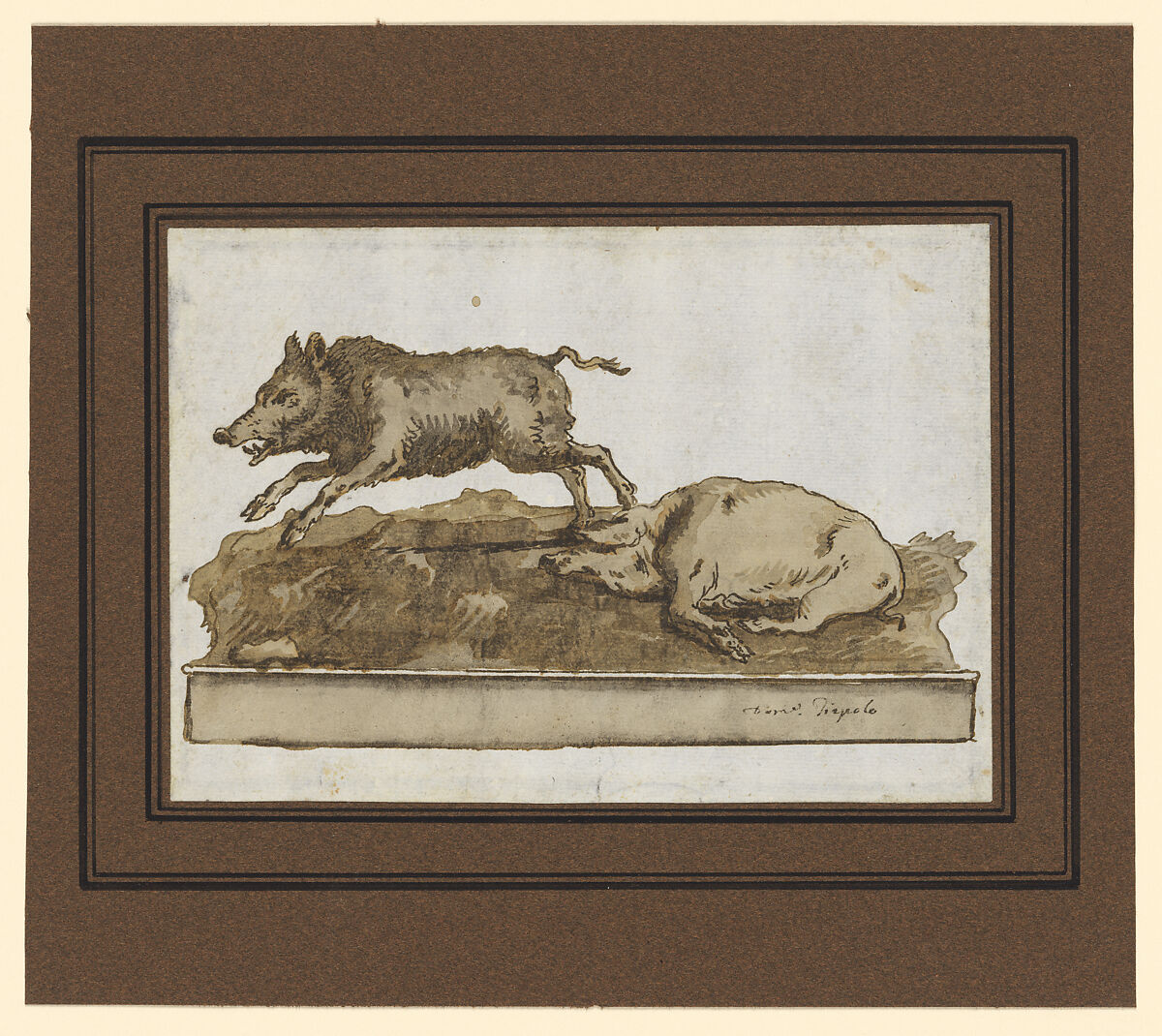 A Boar, Galloping to the Left, and a Sleeping Sow (on the Base), Giovanni Domenico Tiepolo (Italian, Venice 1727–1804 Venice), Pen and brown ink, brown wash, over traces of black chalk 