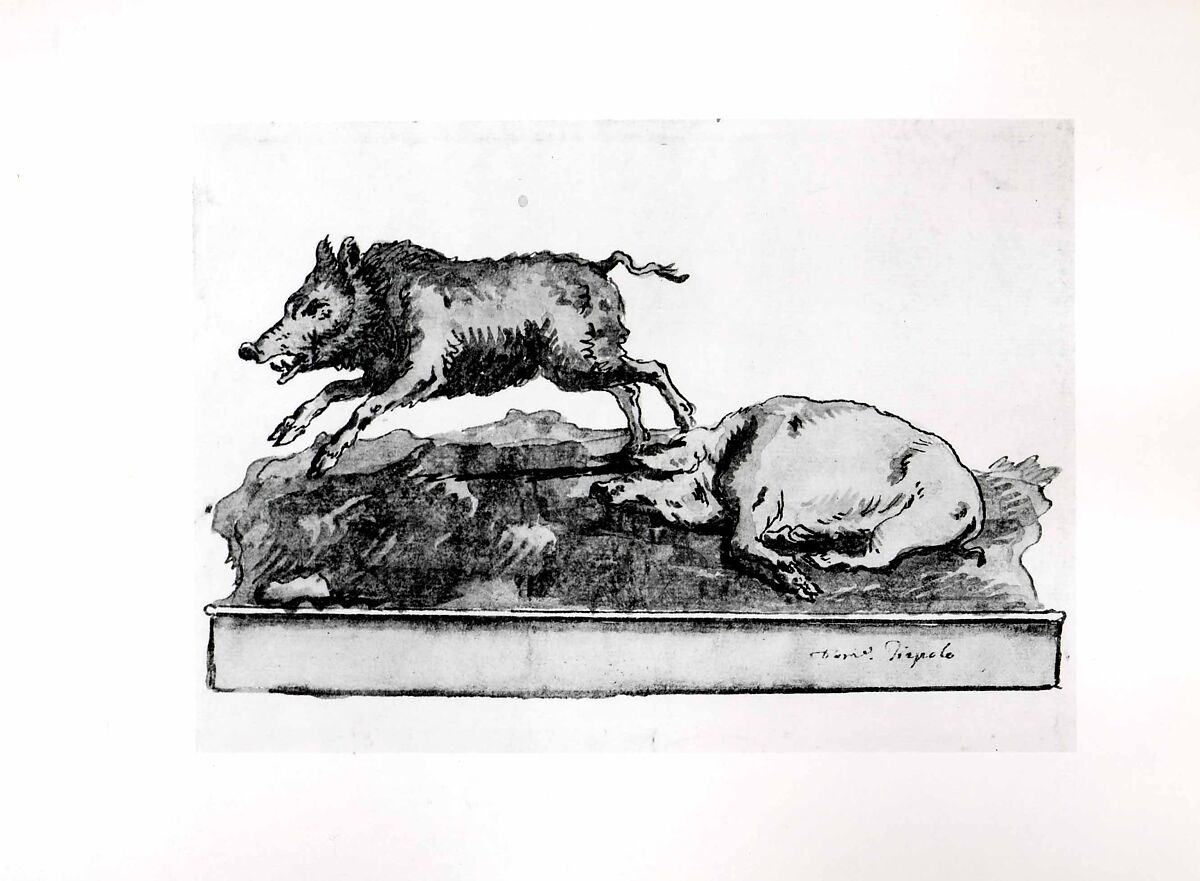 A Boar, Galloping to the Left, and a Sleeping Sow (on the Base), Giovanni Domenico Tiepolo (Italian, Venice 1727–1804 Venice), Pen and brown ink, brown wash, over traces of black chalk