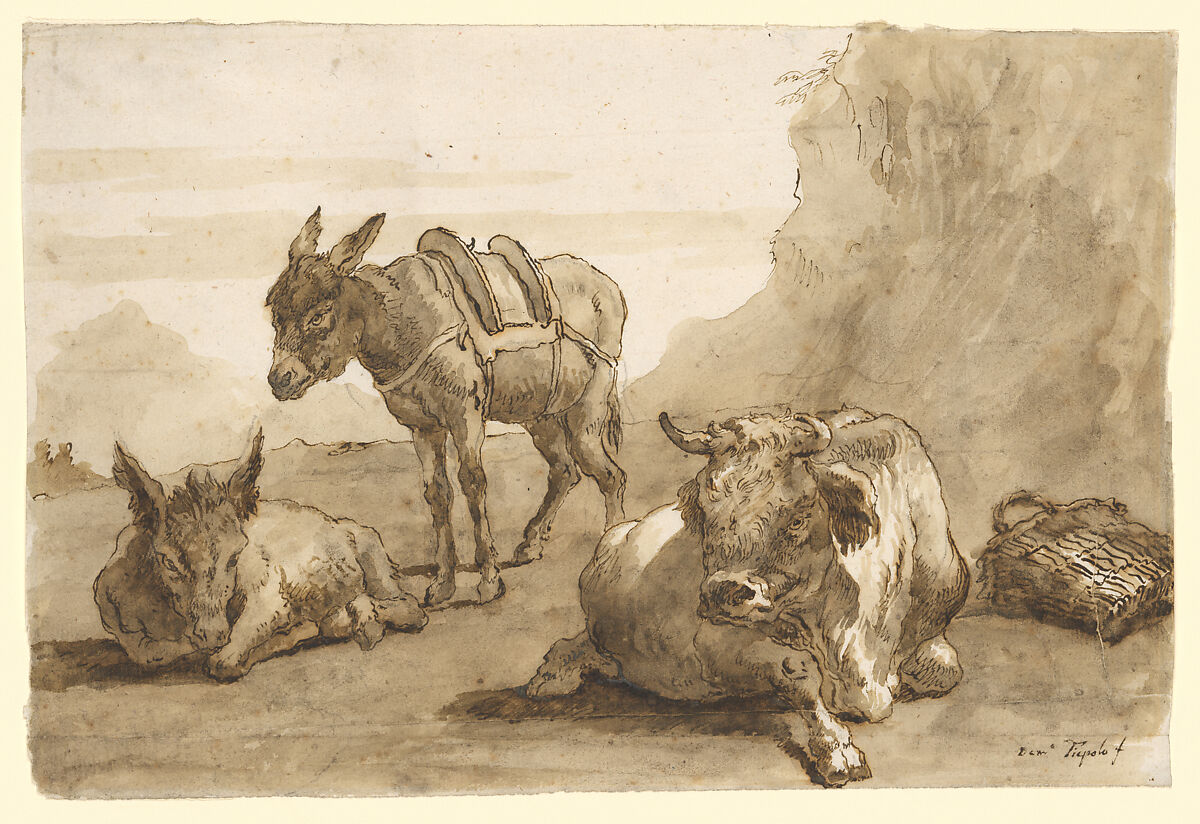 A Bull Lying Down, and Two Donkeys, in a Landscape, Giovanni Domenico Tiepolo (Italian, Venice 1727–1804 Venice), Pen and brown ink, brown wash, over black chalk 