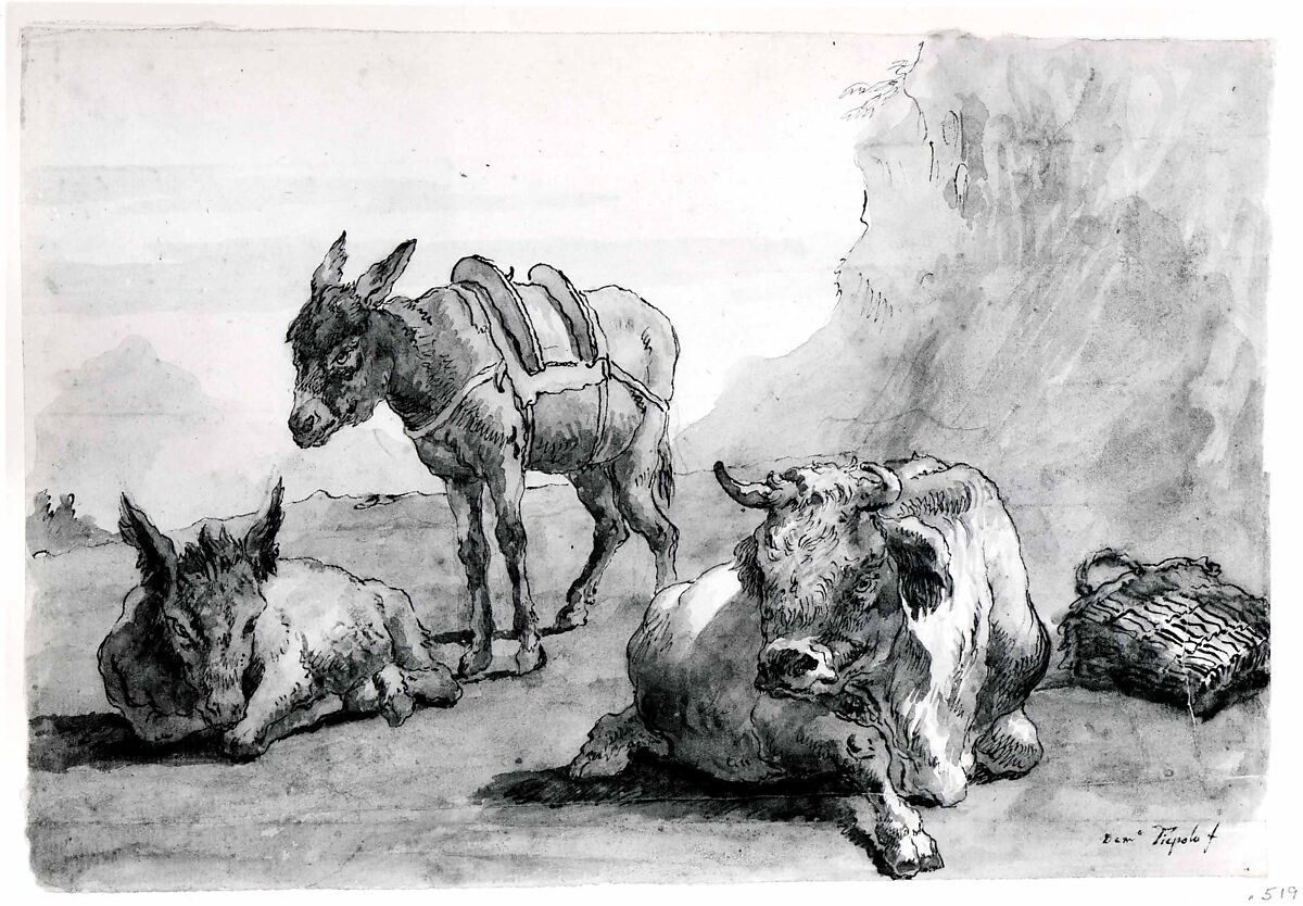 A Bull Lying Down, and Two Donkeys, in a Landscape, Giovanni Domenico Tiepolo (Italian, Venice 1727–1804 Venice), Pen and brown ink, brown wash, over black chalk