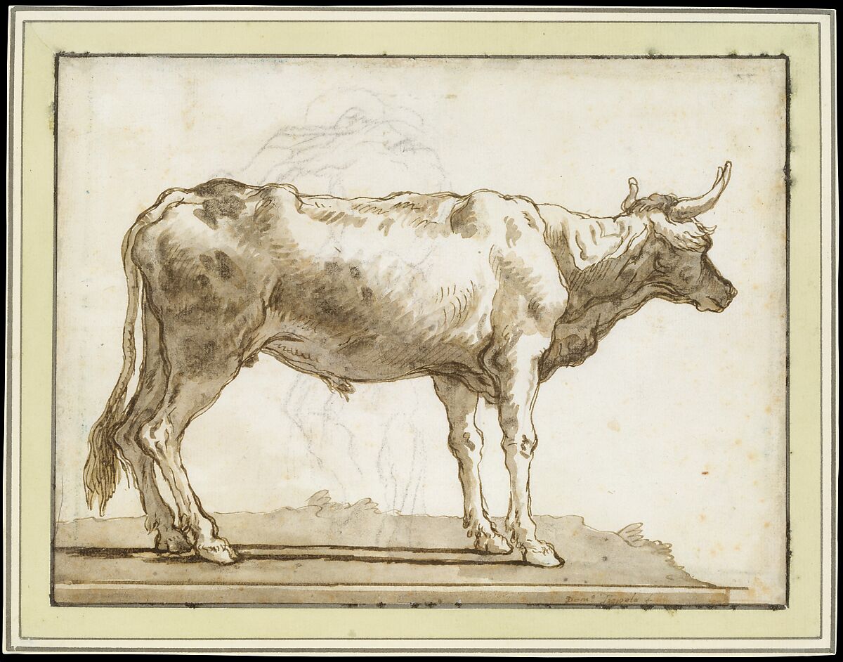 A Bullock Standing to the Right (on a Base), Giovanni Domenico Tiepolo (Italian, Venice 1727–1804 Venice), Pen and brown ink, brown wash, over black chalk 