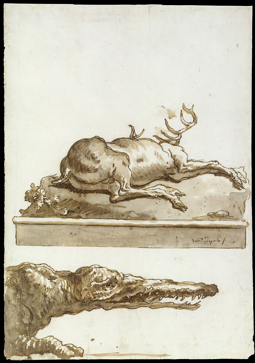 A Stag Lying Down (on a base): The Head of a Crocodile, Giovanni Domenico Tiepolo  Italian, Pen and brown ink, brown wash, over traces of black chalk