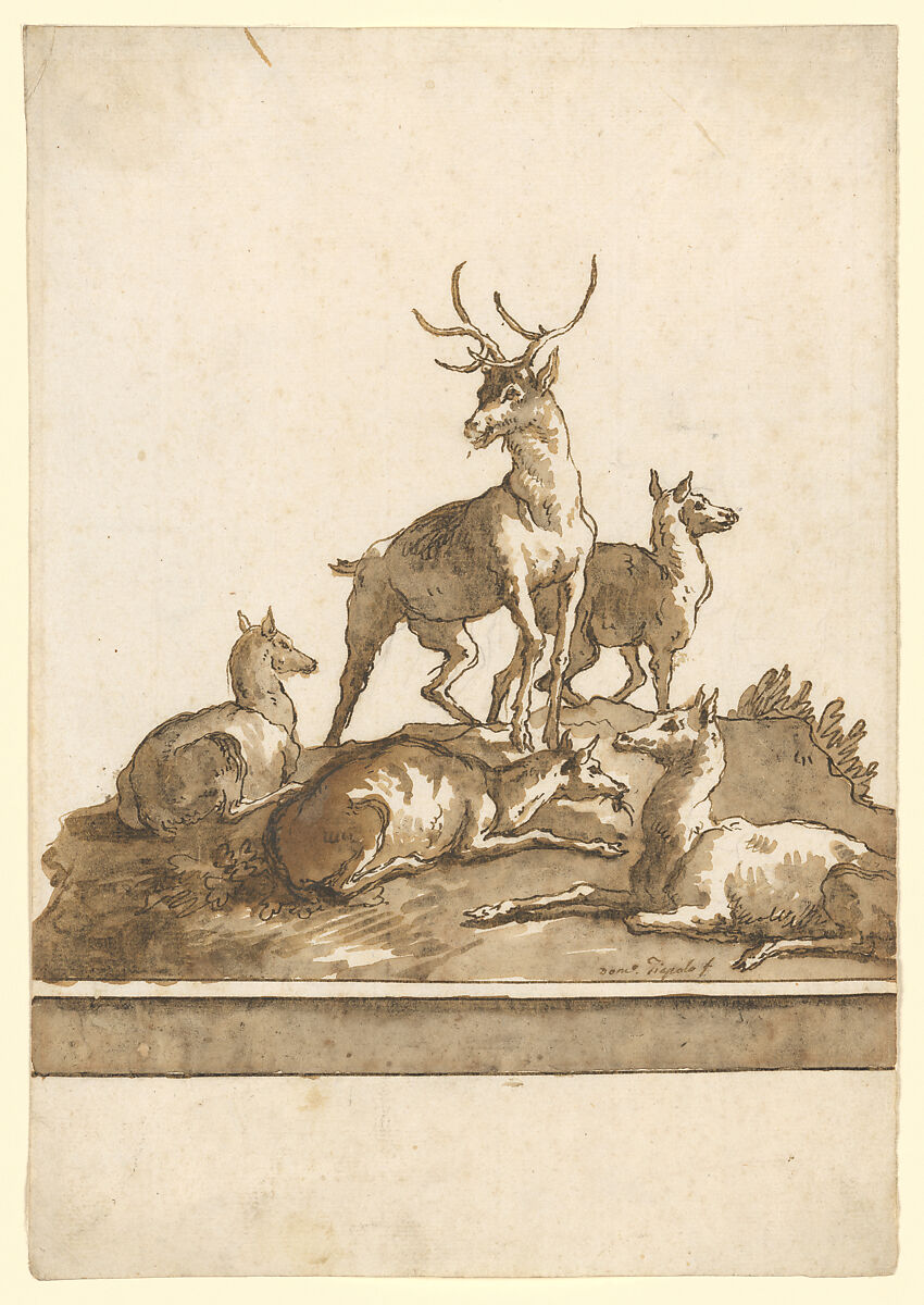 A Stag and Four Hinds on a Grassy Knoll (with Base), Giovanni Domenico Tiepolo (Italian, Venice 1727–1804 Venice), Pen and brown ink, brown wash, over traces of black chalk 