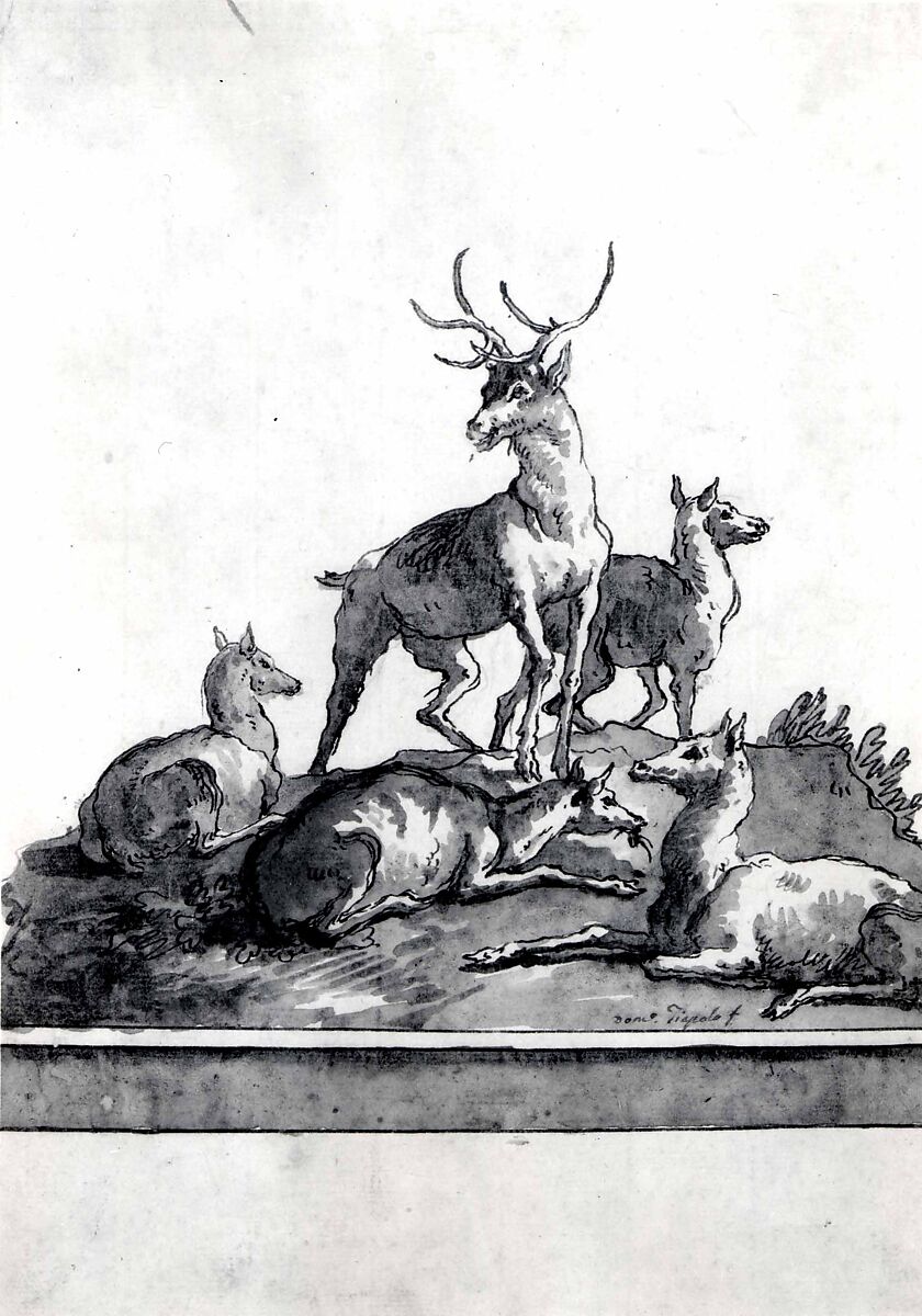 A Stag and Four Hinds on a Grassy Knoll (with Base), Giovanni Domenico Tiepolo (Italian, Venice 1727–1804 Venice), Pen and brown ink, brown wash, over traces of black chalk