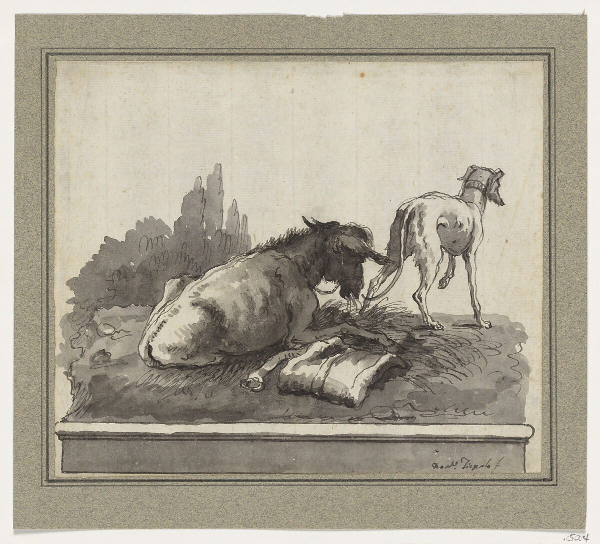 A Donkey Lying on the Grass, with an Italian Greyhound (on a Base), Giovanni Domenico Tiepolo (Italian, Venice 1727–1804 Venice), Pen and gray ink, various shades of gray wash 
