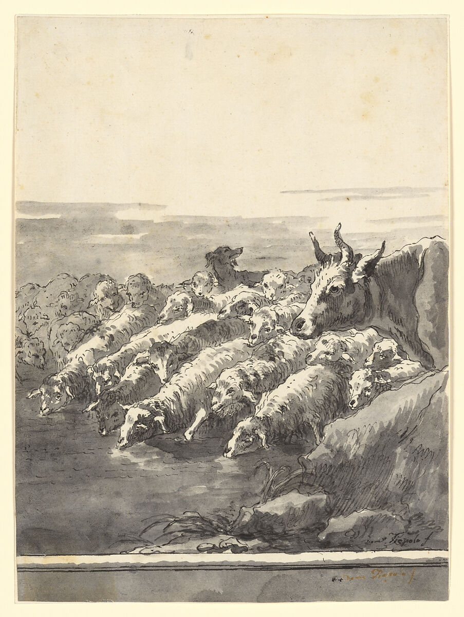 A Flock of Sheep Drinking at a Pool, with a Bullock and a Dog, Giovanni Domenico Tiepolo (Italian, Venice 1727–1804 Venice), Pen and black ink, gray wash 