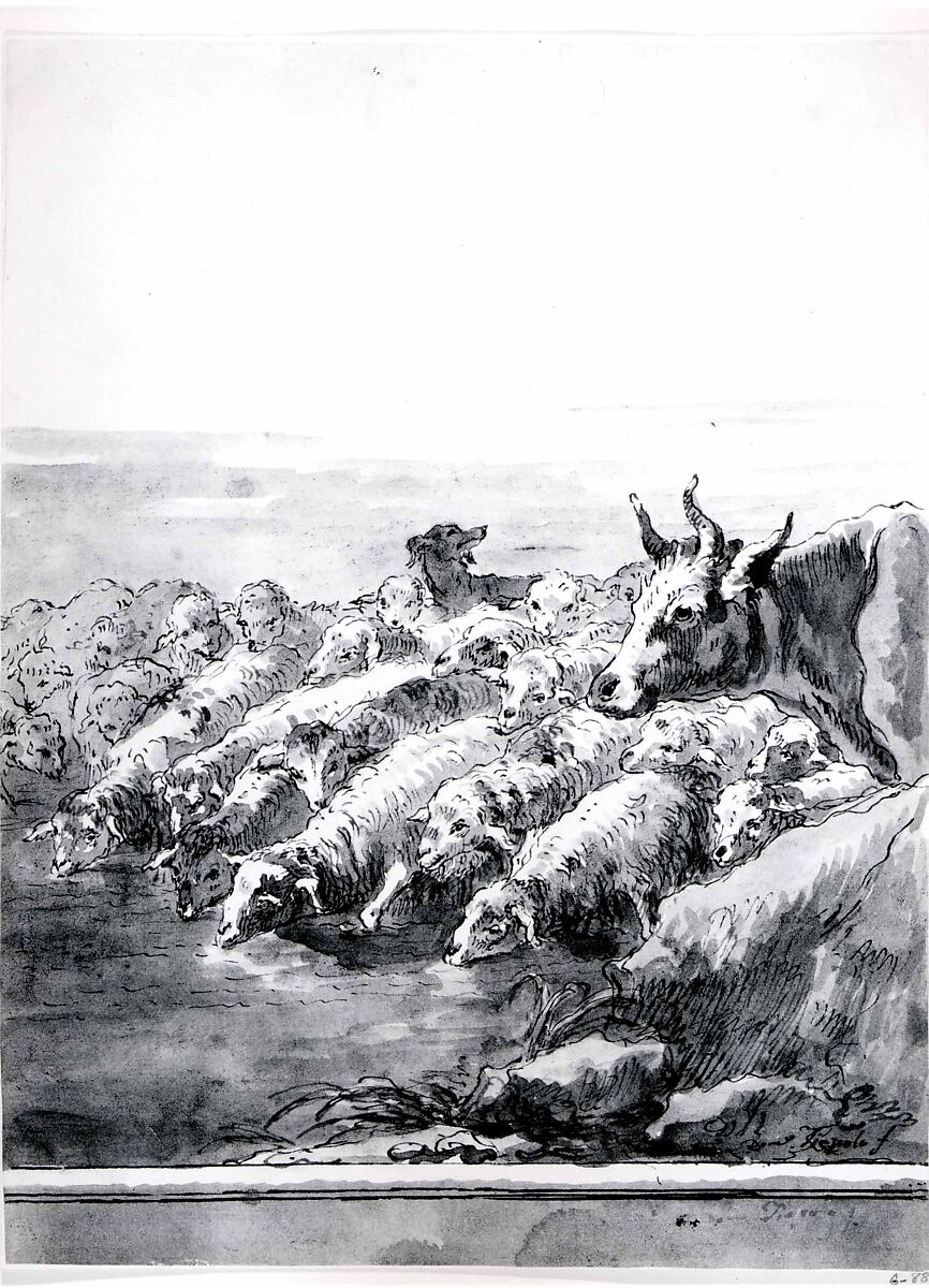 A Flock of Sheep Drinking at a Pool, with a Bullock and a Dog, Giovanni Domenico Tiepolo (Italian, Venice 1727–1804 Venice), Pen and black ink, gray wash