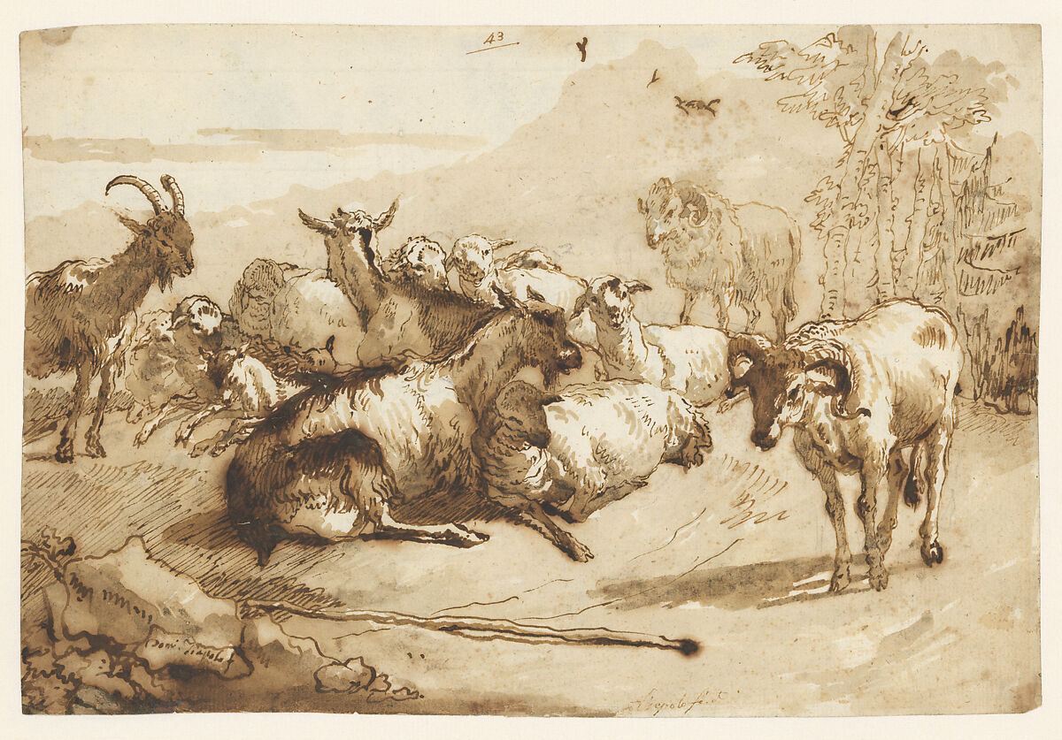 Goats and Sheep in a Landscape, Giovanni Domenico Tiepolo (Italian, Venice 1727–1804 Venice), Pen and brown ink, brown wash, over black chalk 