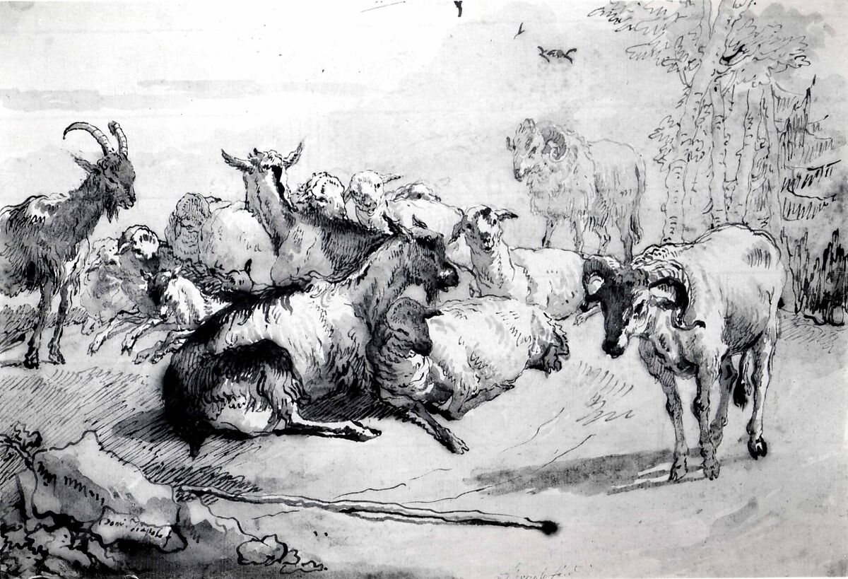 Goats and Sheep in a Landscape, Giovanni Domenico Tiepolo (Italian, Venice 1727–1804 Venice), Pen and brown ink, brown wash, over black chalk