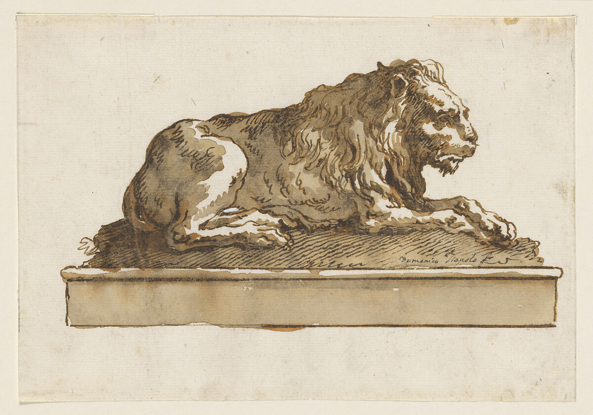 A Lion, Lying Toward the Right (on a Base), Giovanni Domenico Tiepolo (Italian, Venice 1727–1804 Venice), Pen and brown ink, brown wash, over traces of black chalk 