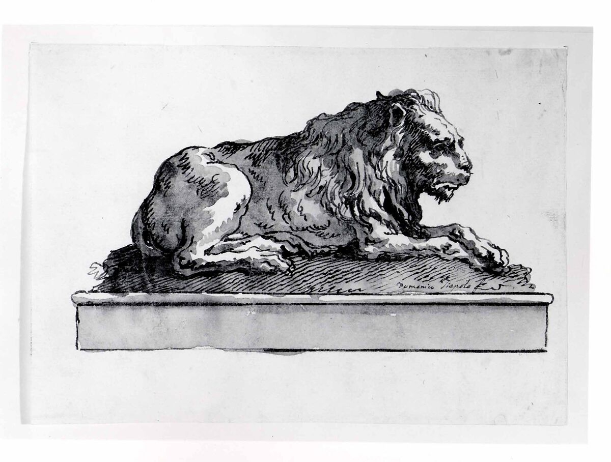 A Lion, Lying Toward the Right (on a Base), Giovanni Domenico Tiepolo (Italian, Venice 1727–1804 Venice), Pen and brown ink, brown wash, over traces of black chalk