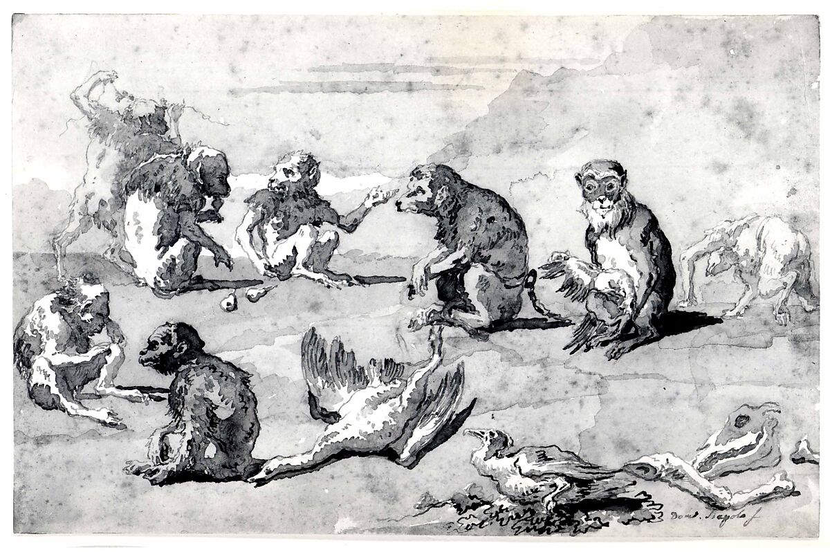 Eight Monkeys, a Dead Goose, and a Cormorant, Giovanni Domenico Tiepolo (Italian, Venice 1727–1804 Venice), Pen and brown ink, brown wash, over black chalk