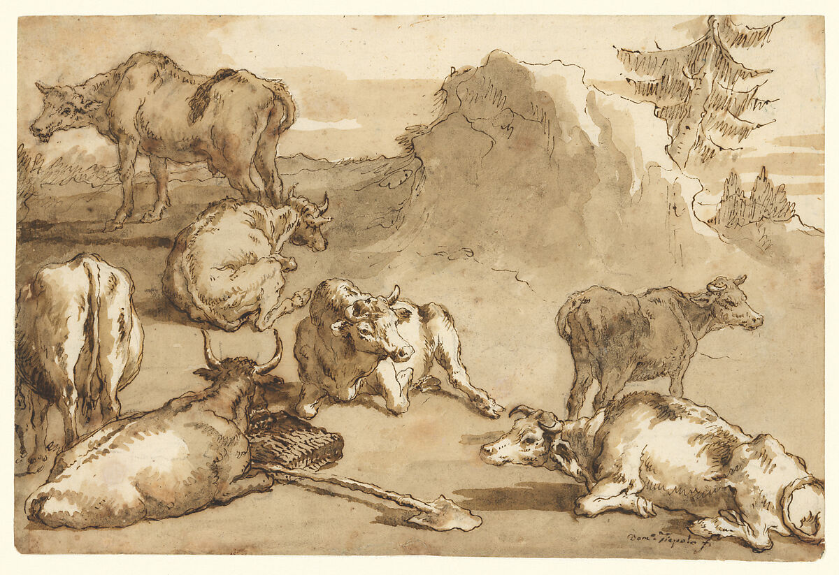 Cattle in a Landscape, Giovanni Domenico Tiepolo (Italian, Venice 1727–1804 Venice), Pen and brown ink, brown wash, over black chalk 